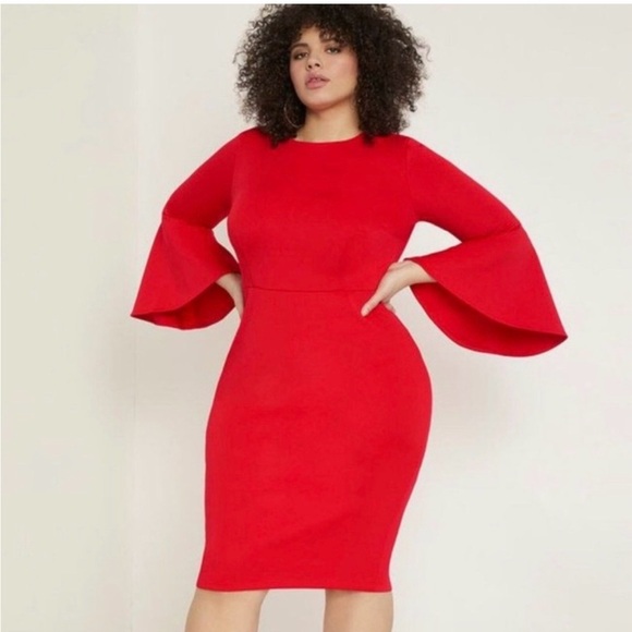 Eloquii Dresses & Skirts - Eloquii Womens Red Bell Sleeve Round Neck Back Zip Bodycon Dress